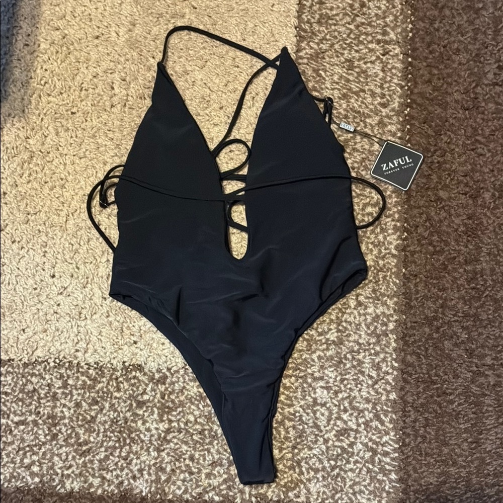 Zaful Black One-Piece Swimsuit with Plunging V-Neck